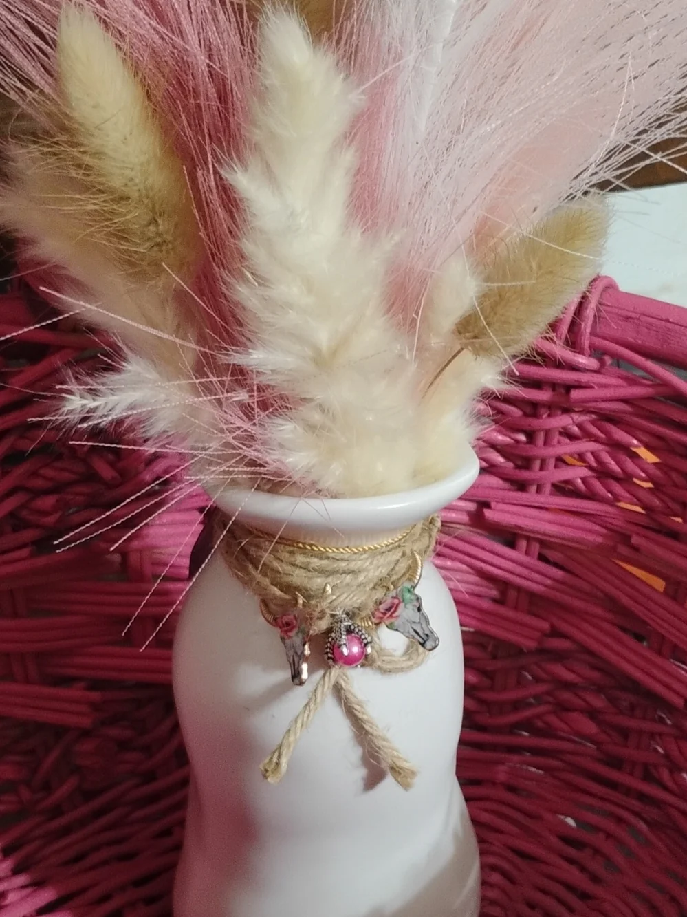 White Ceramic Vase with Pink and Gold Charm Accent